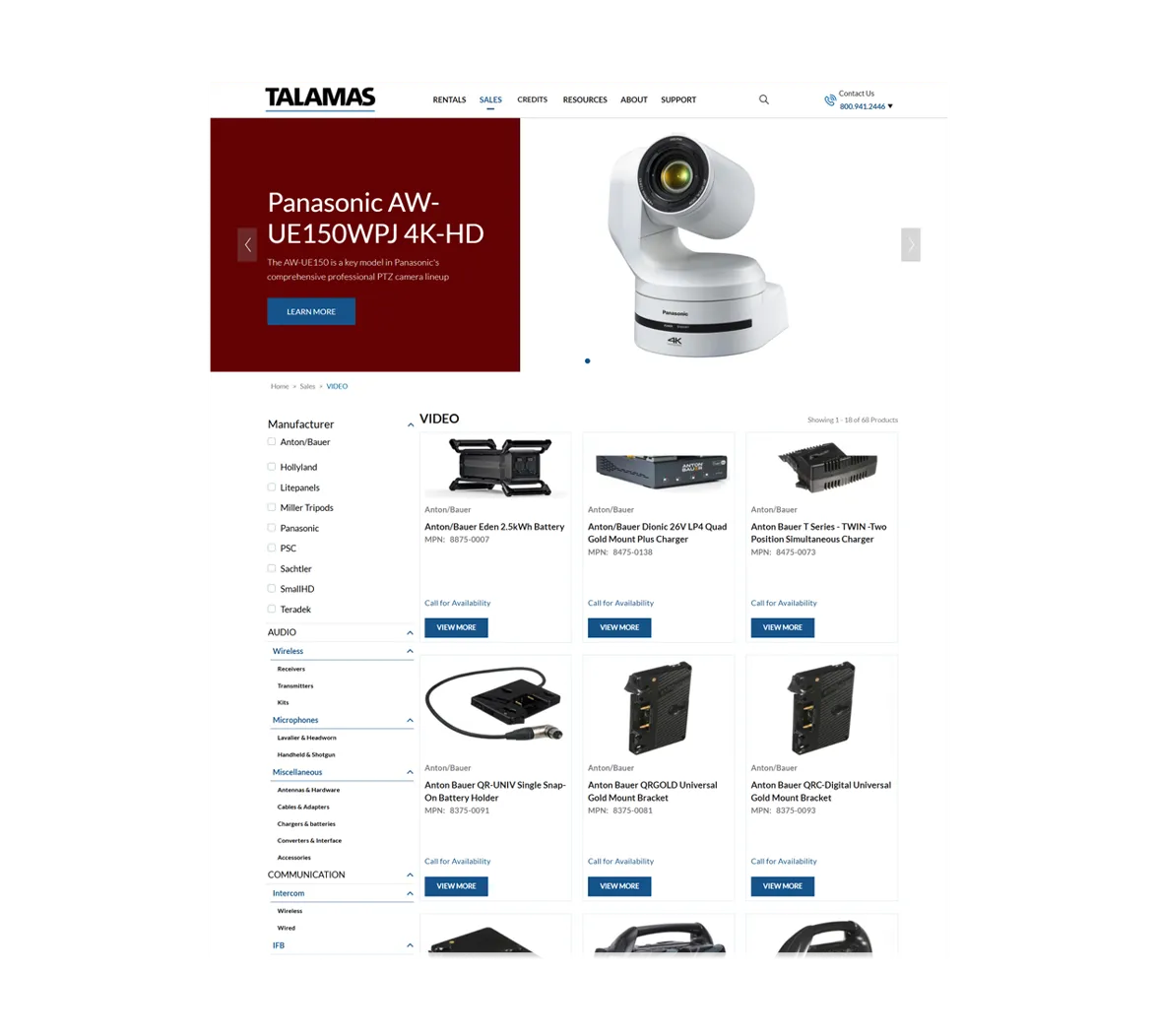 Talamas website Sales section showing the Video product category, with manufacturer filters on the left and Anton/Bauer batteries, chargers, and mount brackets in a grid layout