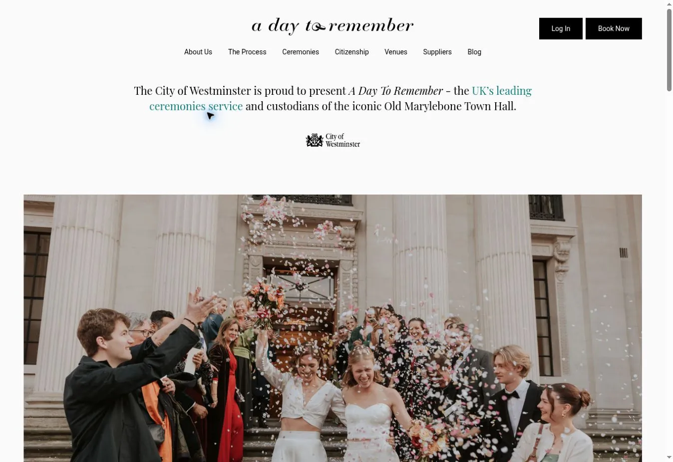 A Day to Remember homepage, with ceremonies navigation and a wedding photograph outside Old Marylebone Town Hall