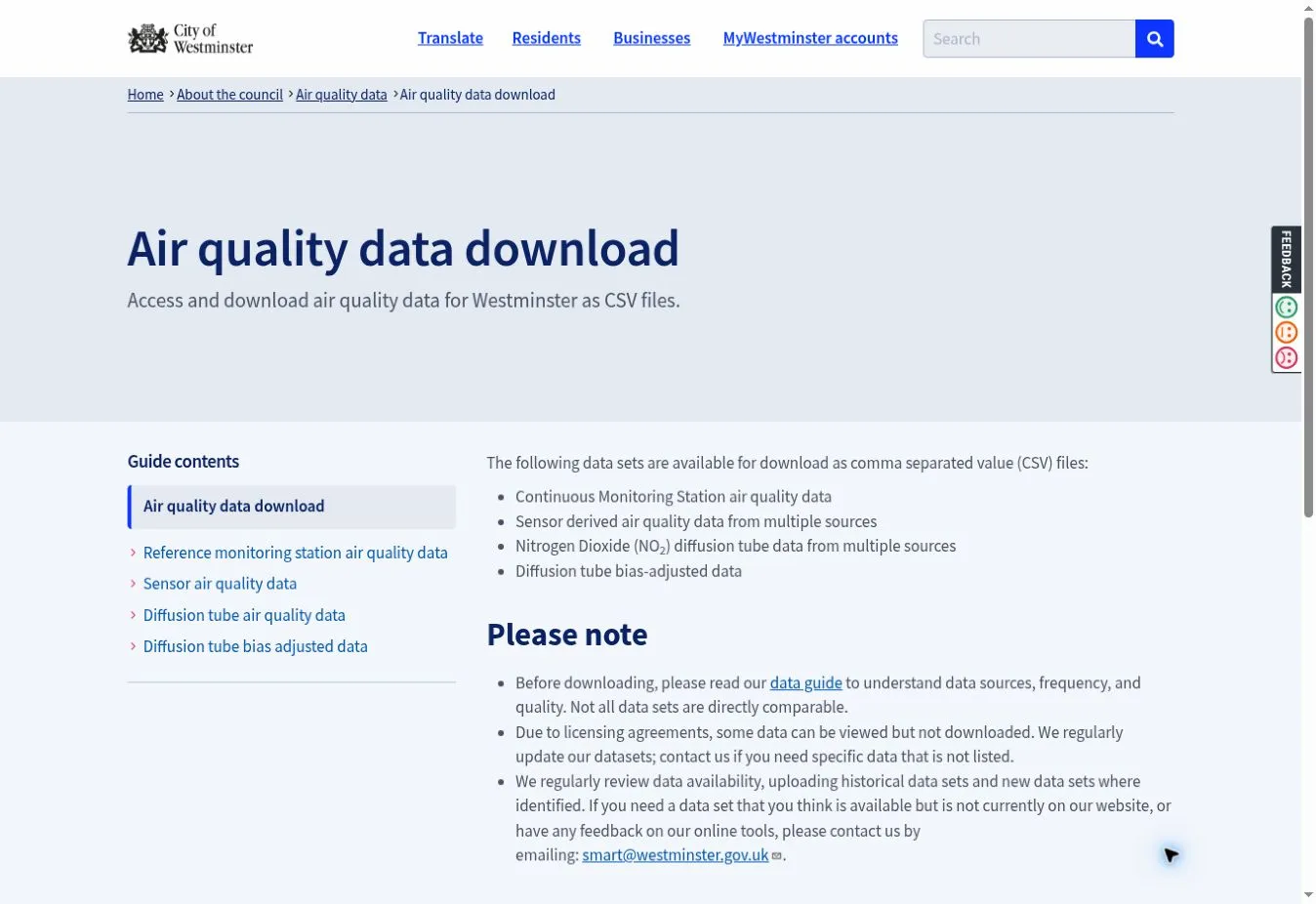 Westminster's air-quality data download page, with guide navigation and information about available datasets