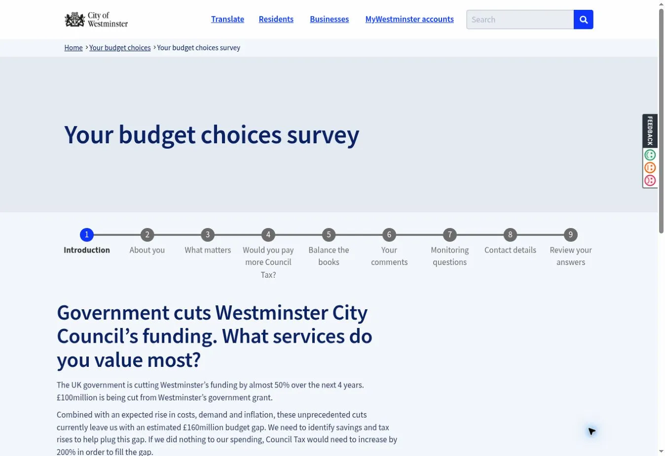 Westminster's budget choices survey, showing its introduction and multi-step progress indicator