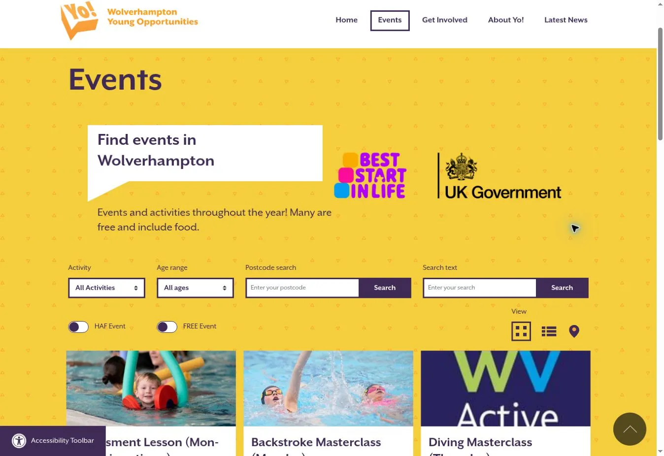 Yellow event directory showing activity and age selectors, postcode and text searches, HAF and free-event toggles above event cards
