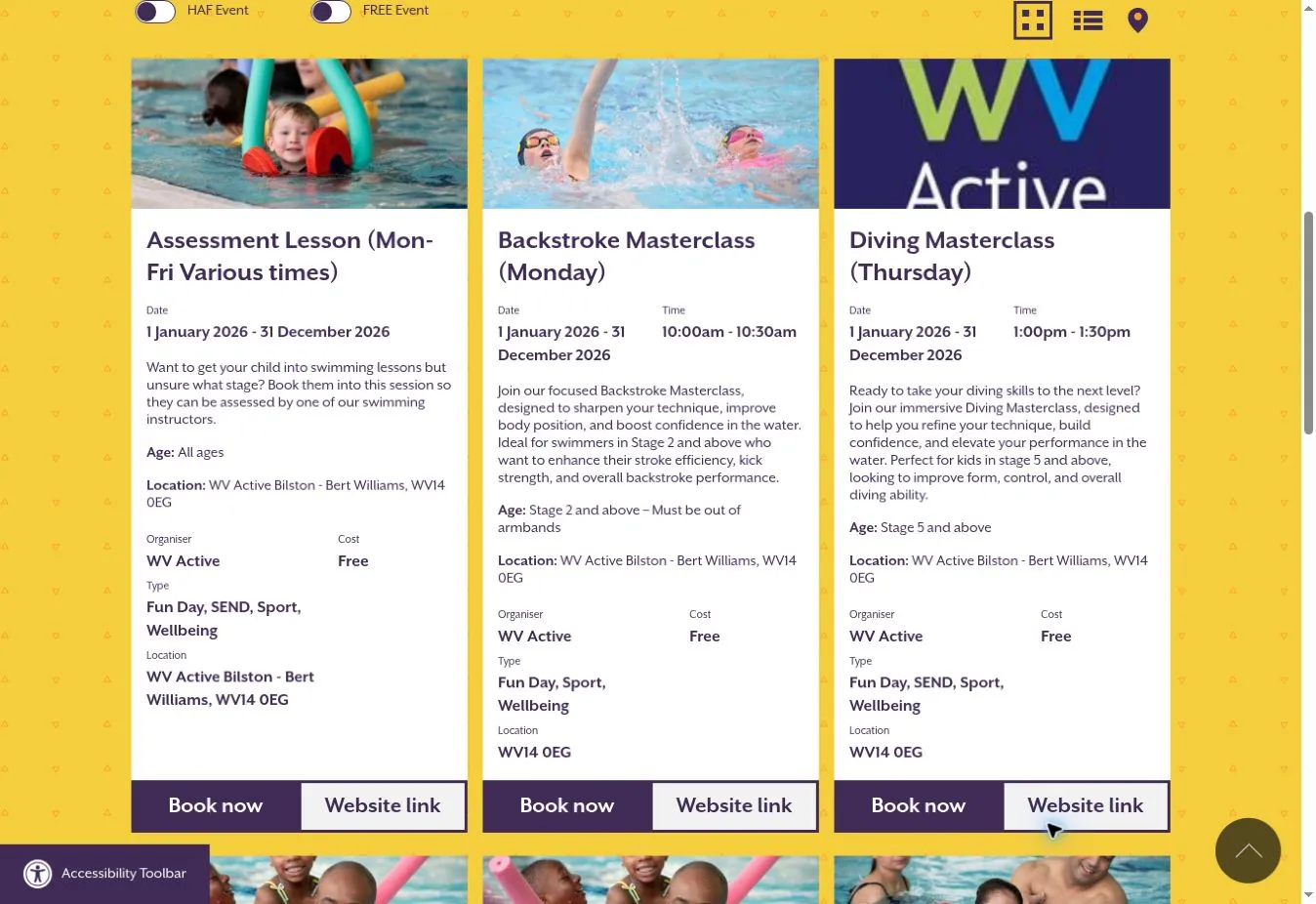Three swimming activity cards displaying dates, descriptions, organisers, costs and booking links