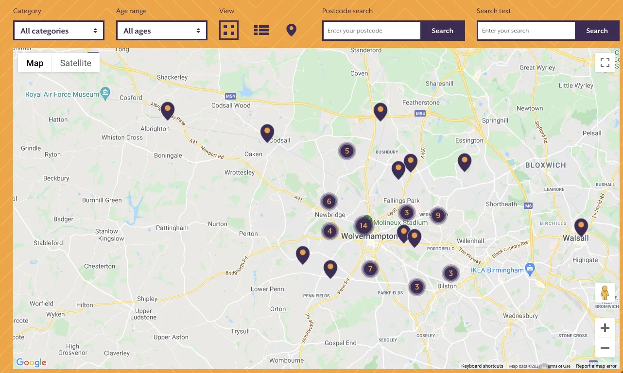 Historical Yo! directory map with purple location markers and clusters, category and age filters, postcode and text search