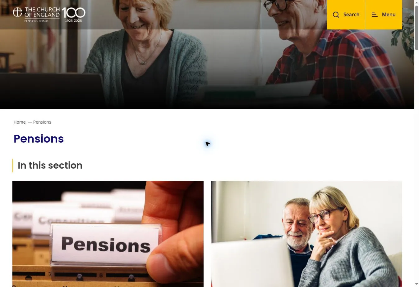 Church of England Pensions Board pensions page showing its title and image-led section navigation
