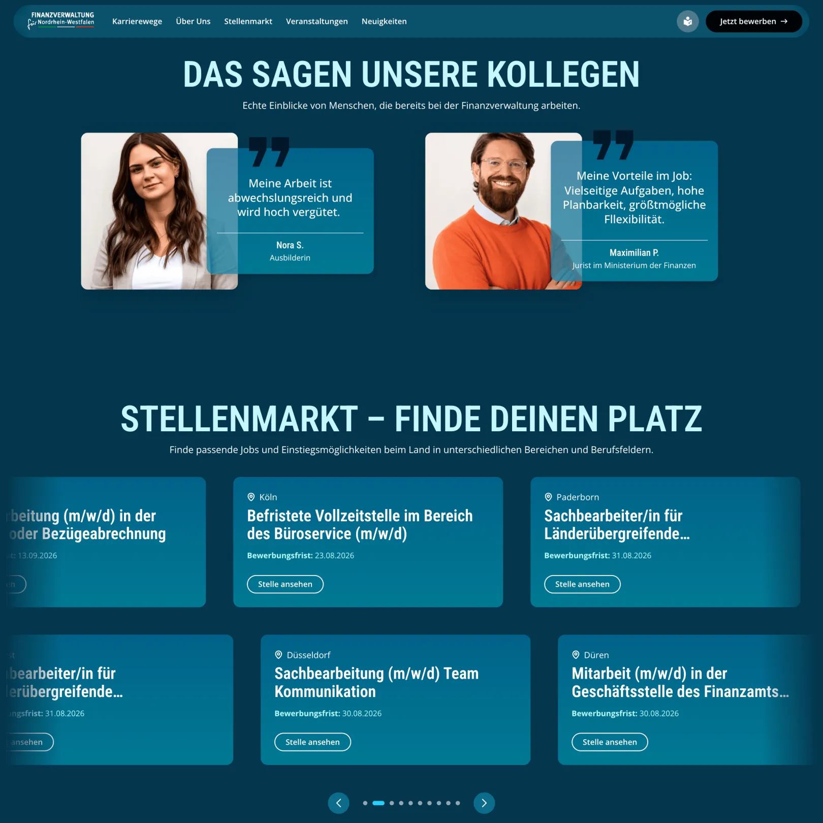 die-zukunft-steuern.nrw Relaunch Frontpage Testimonials and Job Market Slider