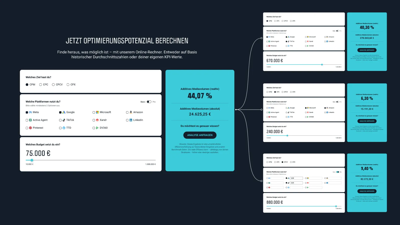 Design of an application with forms and buttons in turquoise and gray