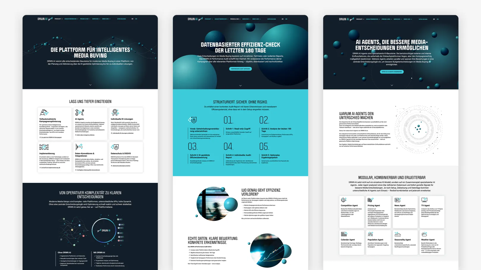 Website screenshots featuring data visualizations, graphics, and text in turquoise, white, and dark blue