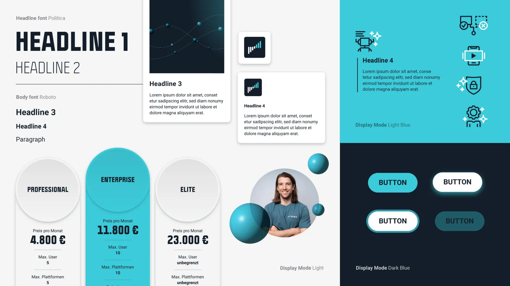 User Interface Overview of Various UI Elements in Turquoise and Gray
