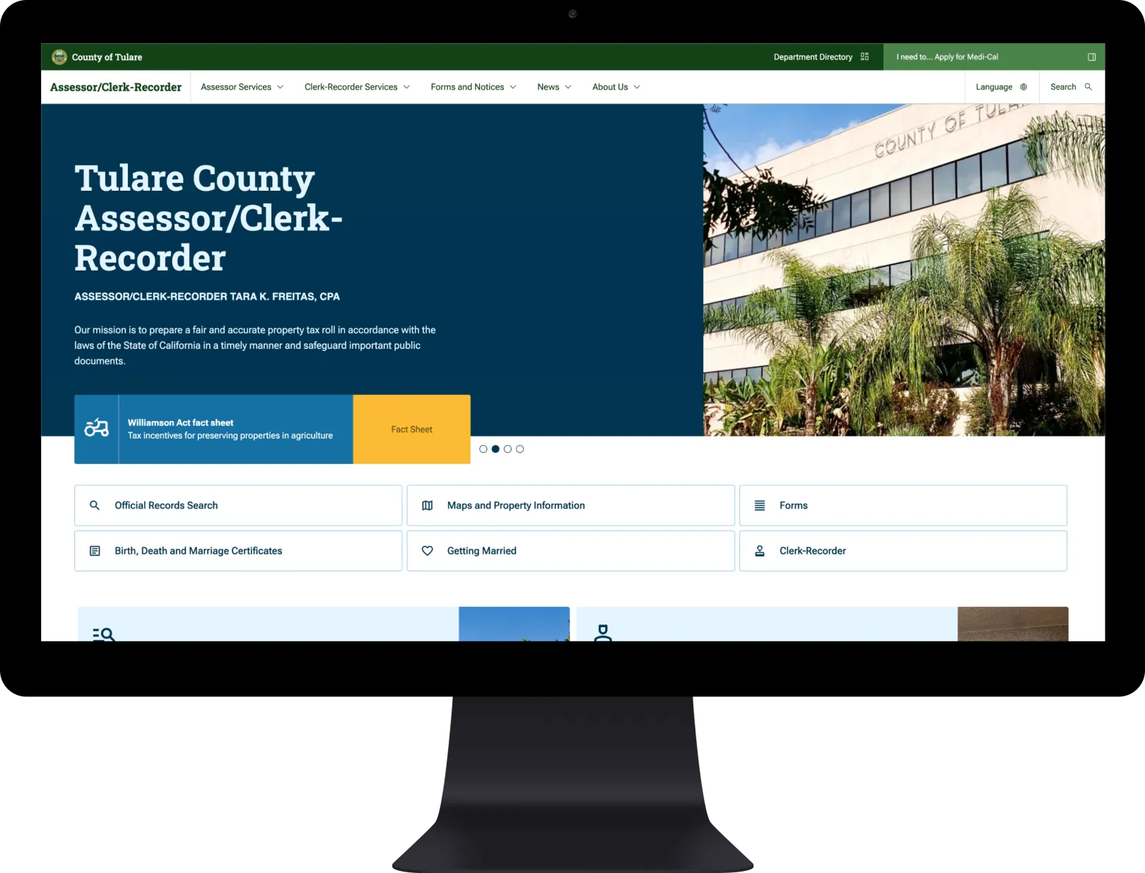 Assessor office department homepage example on a monitor screen.