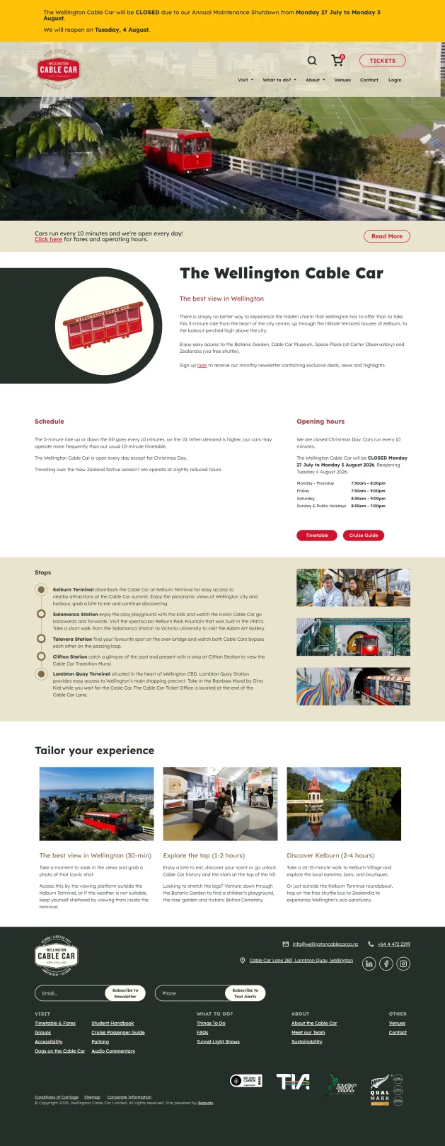 A screenshot of the Wellington Cable Car website