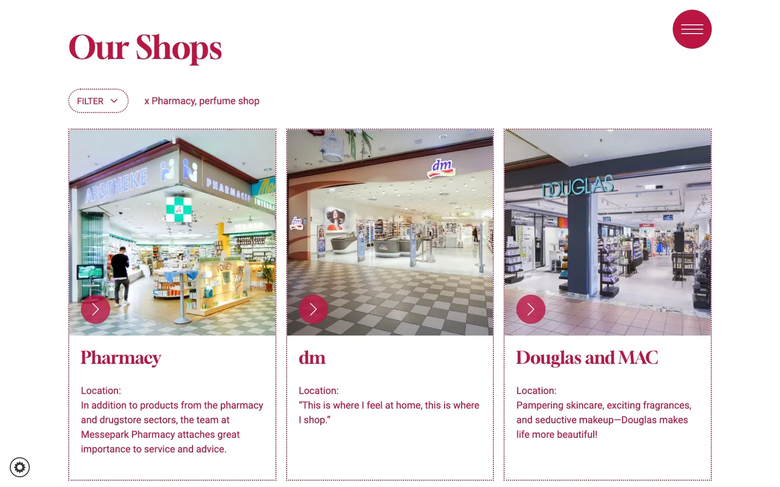 Messepark Dornbirn website, shop directory filtered by category