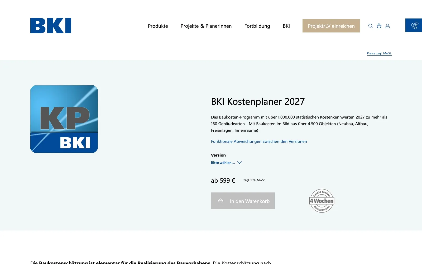 BKI website, product page of the BKI Kostenplaner with version selection