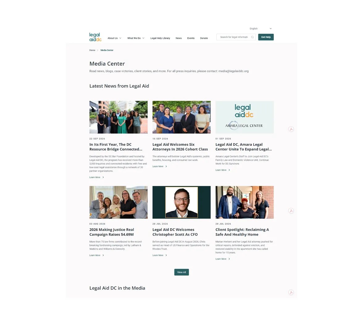 Screenshot of Legal Aid DC’s Media Center page showing a grid of six news cards from July to September 2026, including stories on a new attorney cohort, the Amara Legal Center merger and a $4.69M fundraising campaign.