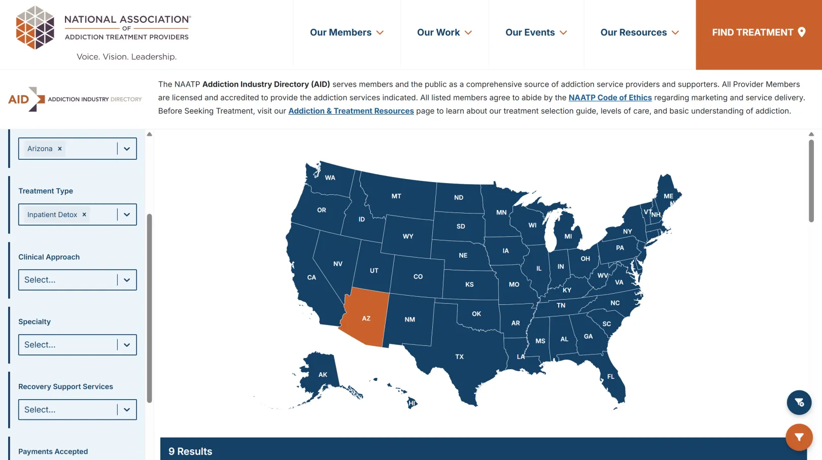directory search with map of the united states