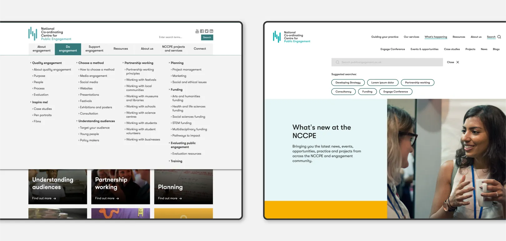 Big Blue Door design comparison showing NCCPE’s previous large dropdown menu alongside the proposed compact navigation and search
