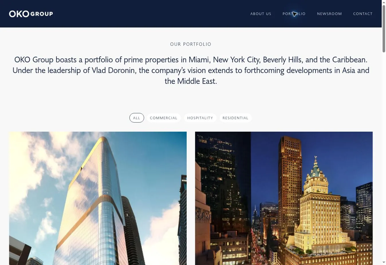 OKO Group portfolio listing with commercial, hospitality and residential category filters above project photography