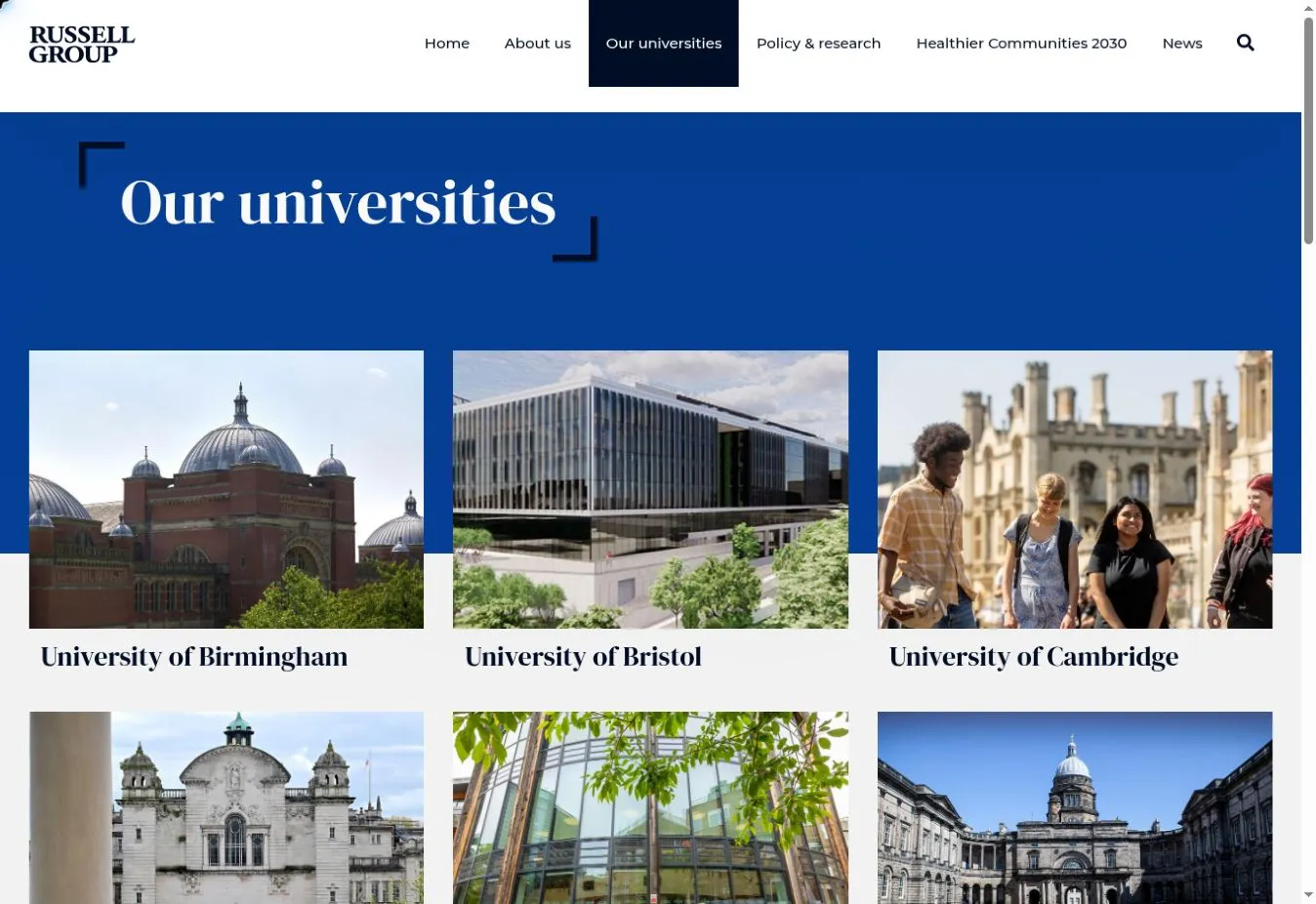 Russell Group university directory showing photographs and links for member universities, including Birmingham, Bristol and Cambridge