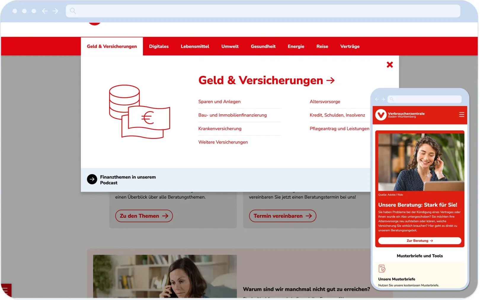 Screenshot of a Mega Menu in Desktop Mode and of a mobile Viewport