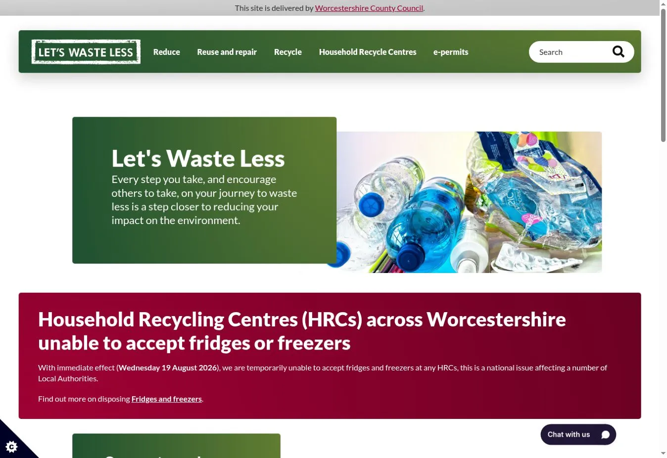 Let’s Waste Less homepage with green branding, recycling navigation and a service announcement