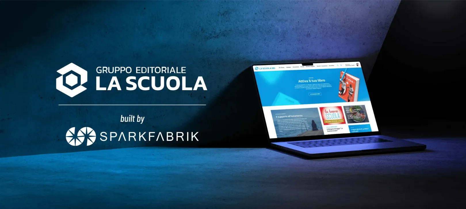 Gruppo Editoriale La Scuola website homepage displayed on a laptop, built by SparkFabrik