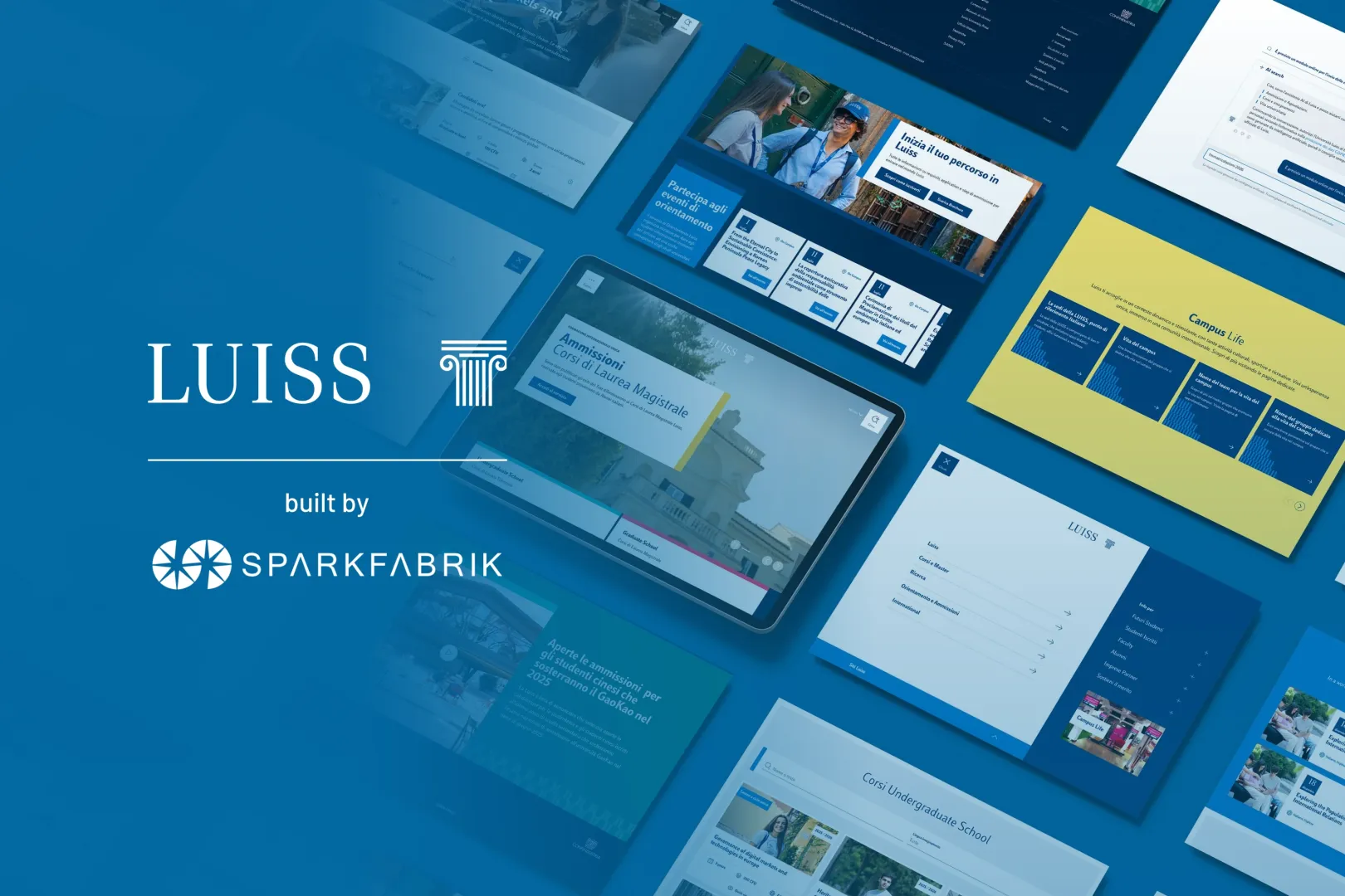 Luiss Guido Carli, built by SparkFabrik, over a mosaic of pages from the new platform