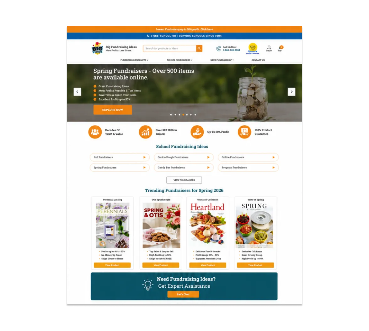 Big Fundraising Ideas homepage showing the brand logo, main headline, and fundraising program options for schools, clubs, and community organizations