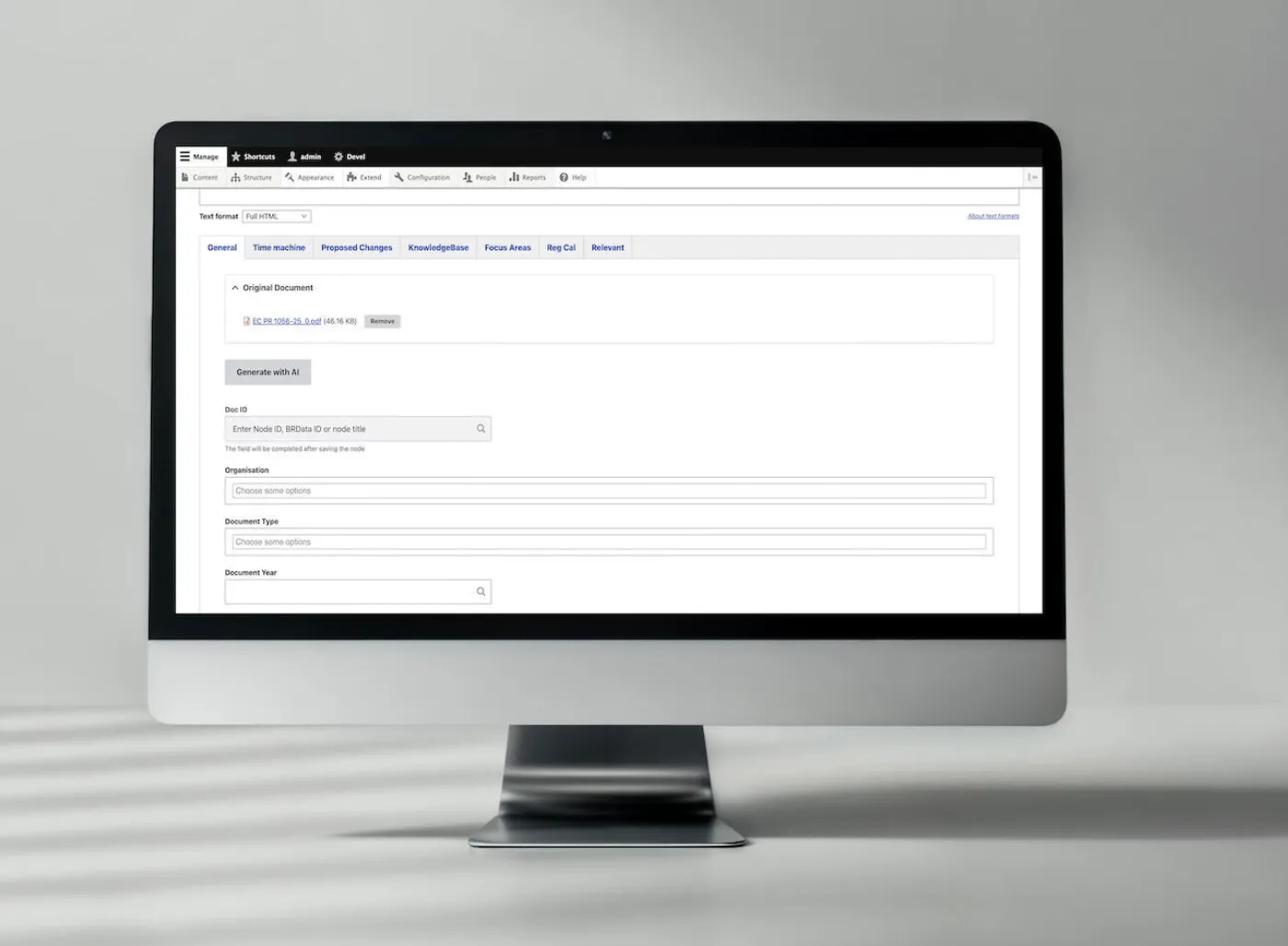Drupal editorial interface on BetterRegulation.com with an uploaded legal PDF and the Generate with AI button for automatic document categorization into metadata fields.