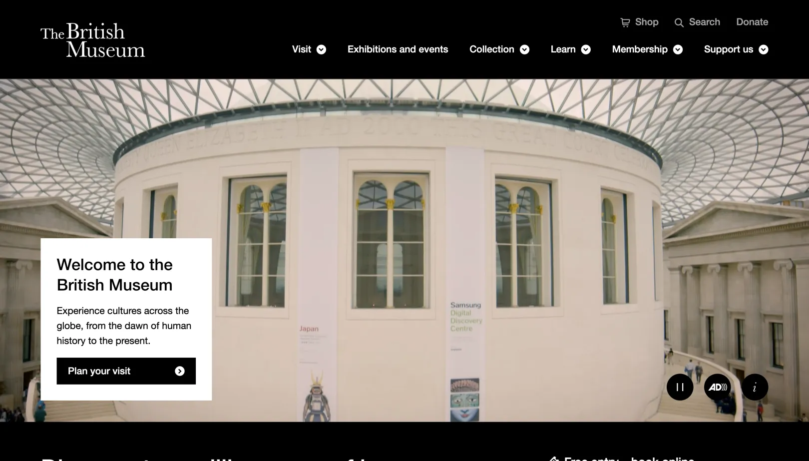 British Museum homepage that shows the inside of the great court at the museum