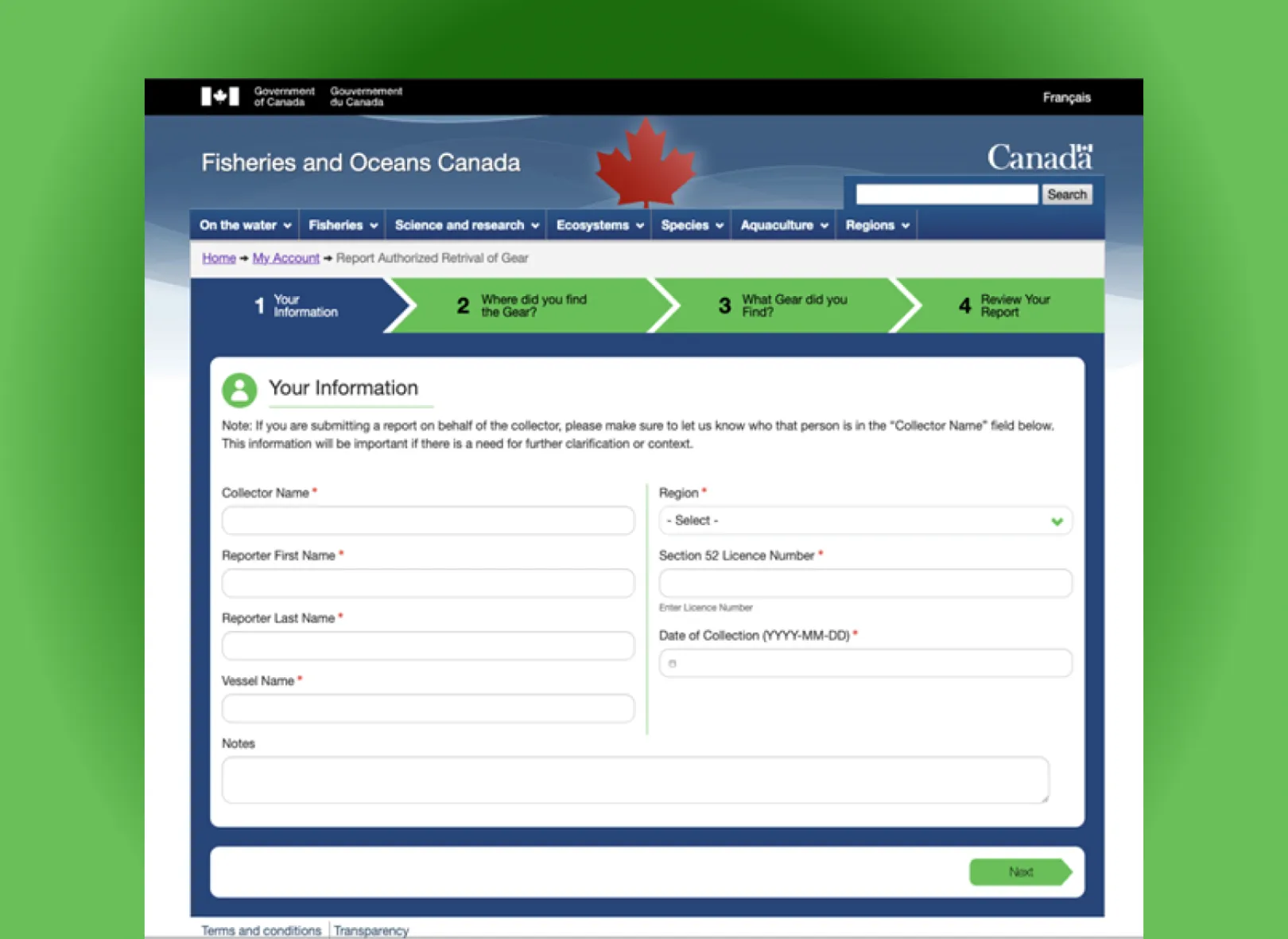 Initial page of the reporting interface.