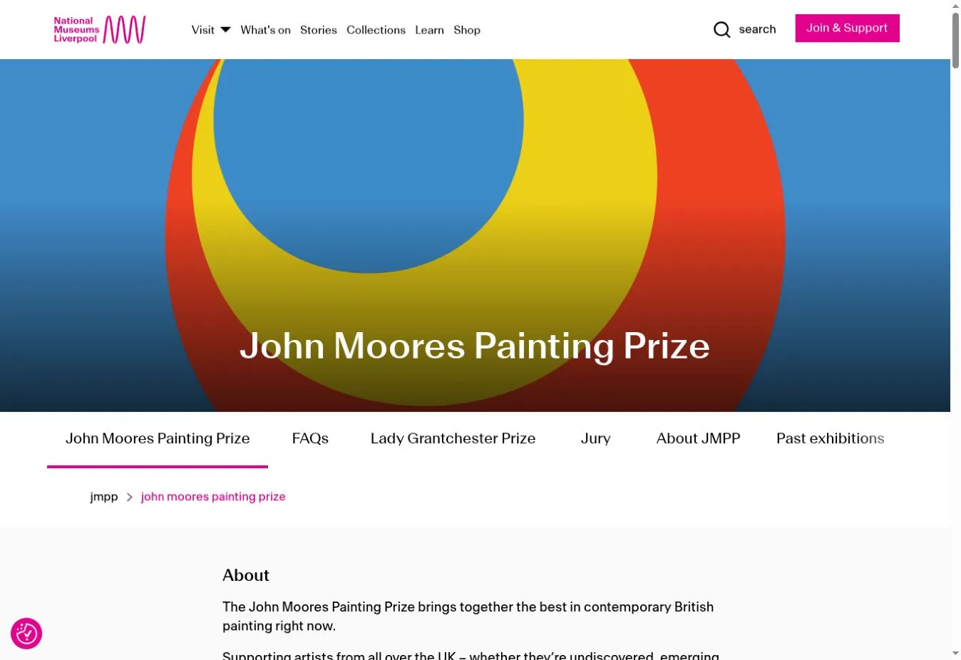 John Moores Painting Prize landing page with a blue, red and yellow banner and links to prize information
