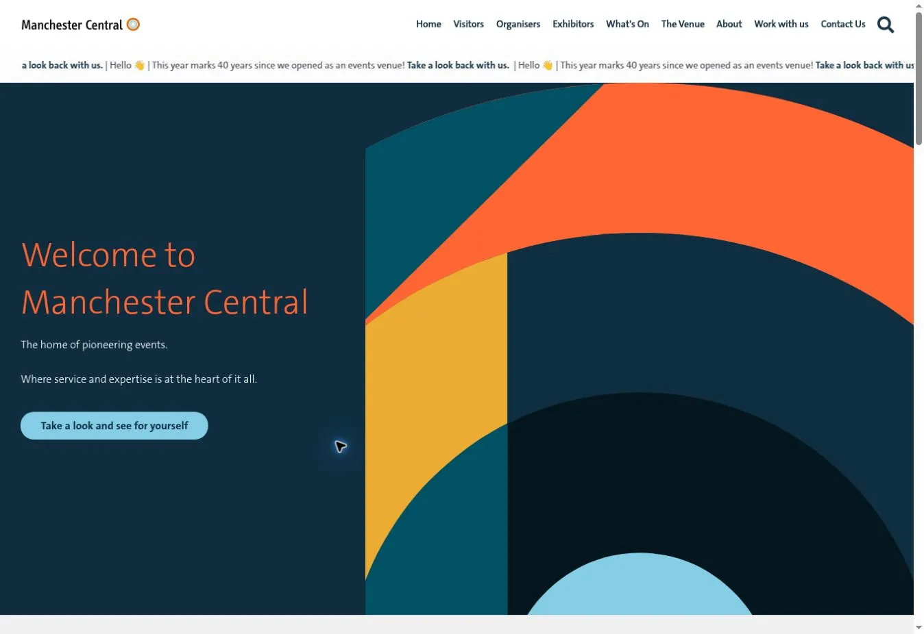 Manchester Central homepage with orange welcome text, audience navigation and colourful animated graphics against a dark blue background