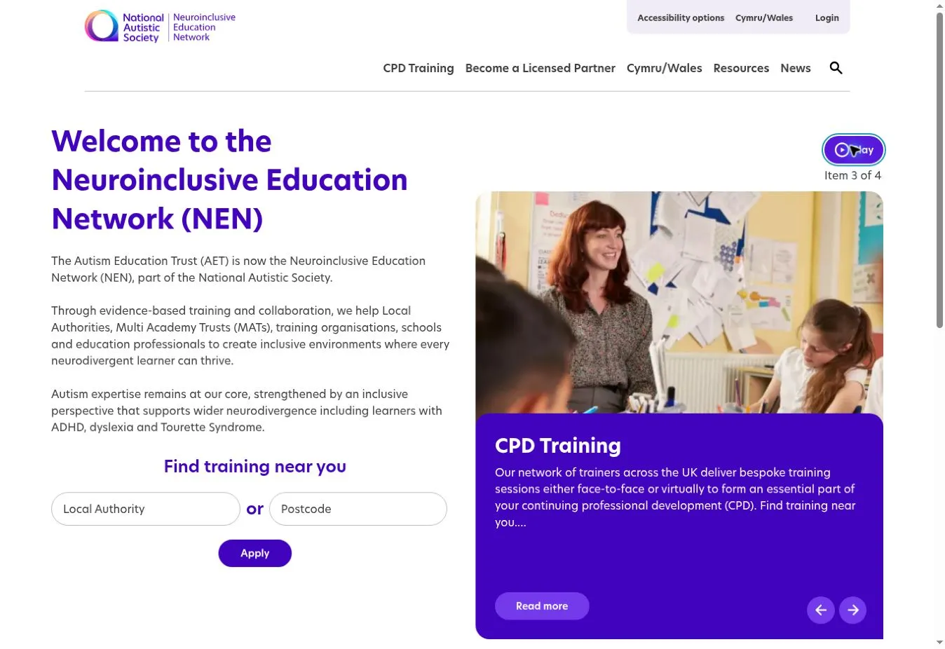 NEN homepage with National Autistic Society branding, an introduction to the network and a local training search