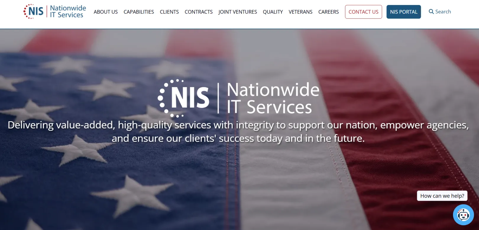 Homepage of Nationwide IT Services (NIS) website featuring a clean, professional layout with navigation menus for services, contracts, and capabilities. The main hero section highlights federal IT services, digital modernization, and mission support solutions, along with calls to action for learning more about the company, exploring past performance, and viewing contracting opportunities.