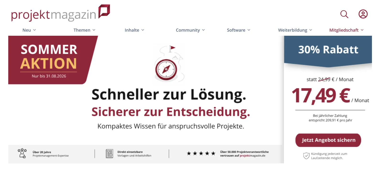 ProjektMagazin.de homepage showing the Drupal-based knowledge platform for project management articles, methods, and templates in German.