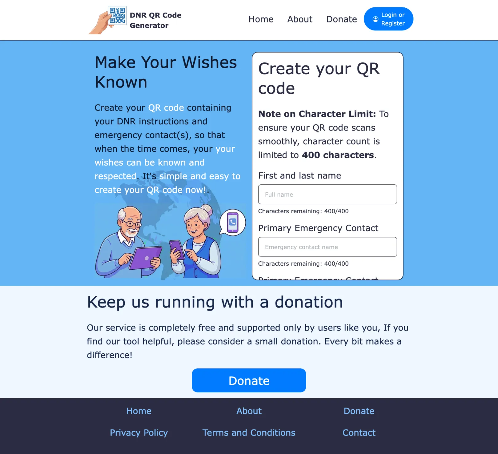 Screenshot of qr-dnr.com home page