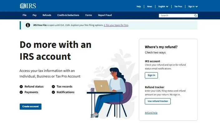 Homepage of the Internal Revenue Service (IRS) website, an official U.S. government site, featuring options to file taxes, check refund status, access tax forms and guidance, and find help with federal tax questions and account services.