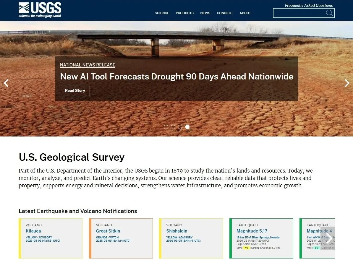 Homepage of the U.S. Geological Survey (USGS) website featuring a navigation menu, featured imagery, and links to scientific resources; supported by Nationwide IT Services (NIS) on a Drupal platform hosted on AWS.