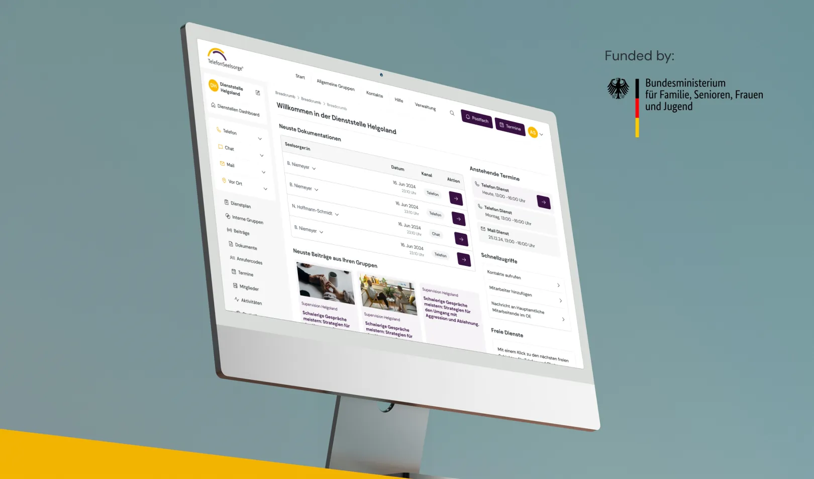 Laptop showing the website of the TelefonSeelsorge on the screen. In the bottom right corner it states "founded by