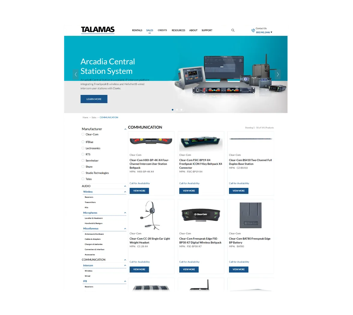 Talamas Sales page for Communication products, featuring the Arcadia Central Station System banner and a filterable product grid