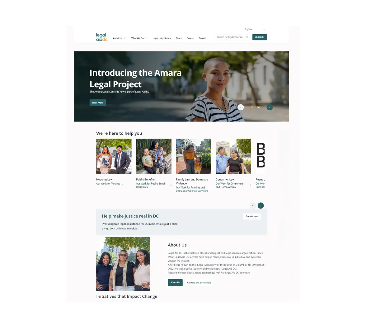 Image of the Legal Aid DC homepage, featuring a hero banner introducing the Amara Legal Project, a carousel of practice areas such as housing, public benefits and family law, a donation banner, and an About Us section.