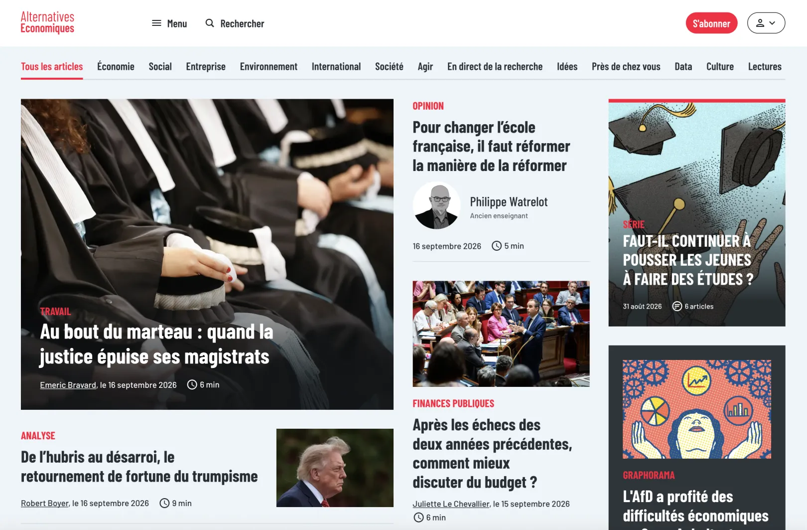 Screenshot of articles' teasers on the homepage