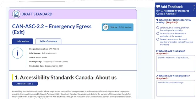 Feedback interface for users to provide comments on Accessibility Standards Under review