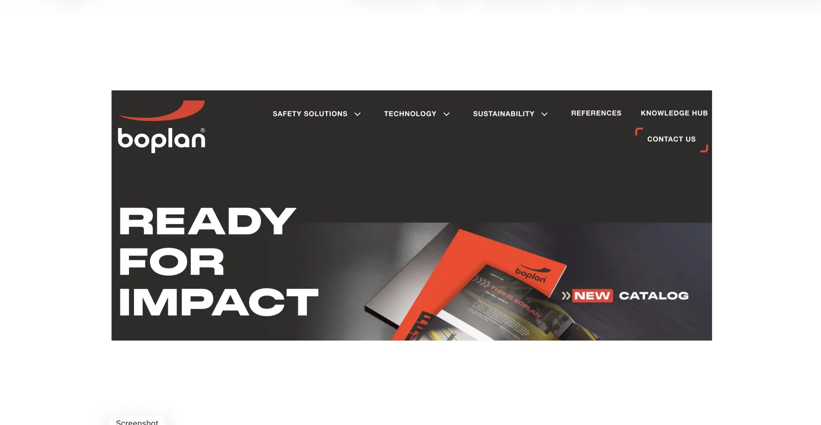 Boplan homepage hero section with the Ready for Impact headline, Safety Solutions navigation, and New Catalog promotion on the Belgian manufacturer's Drupal website.