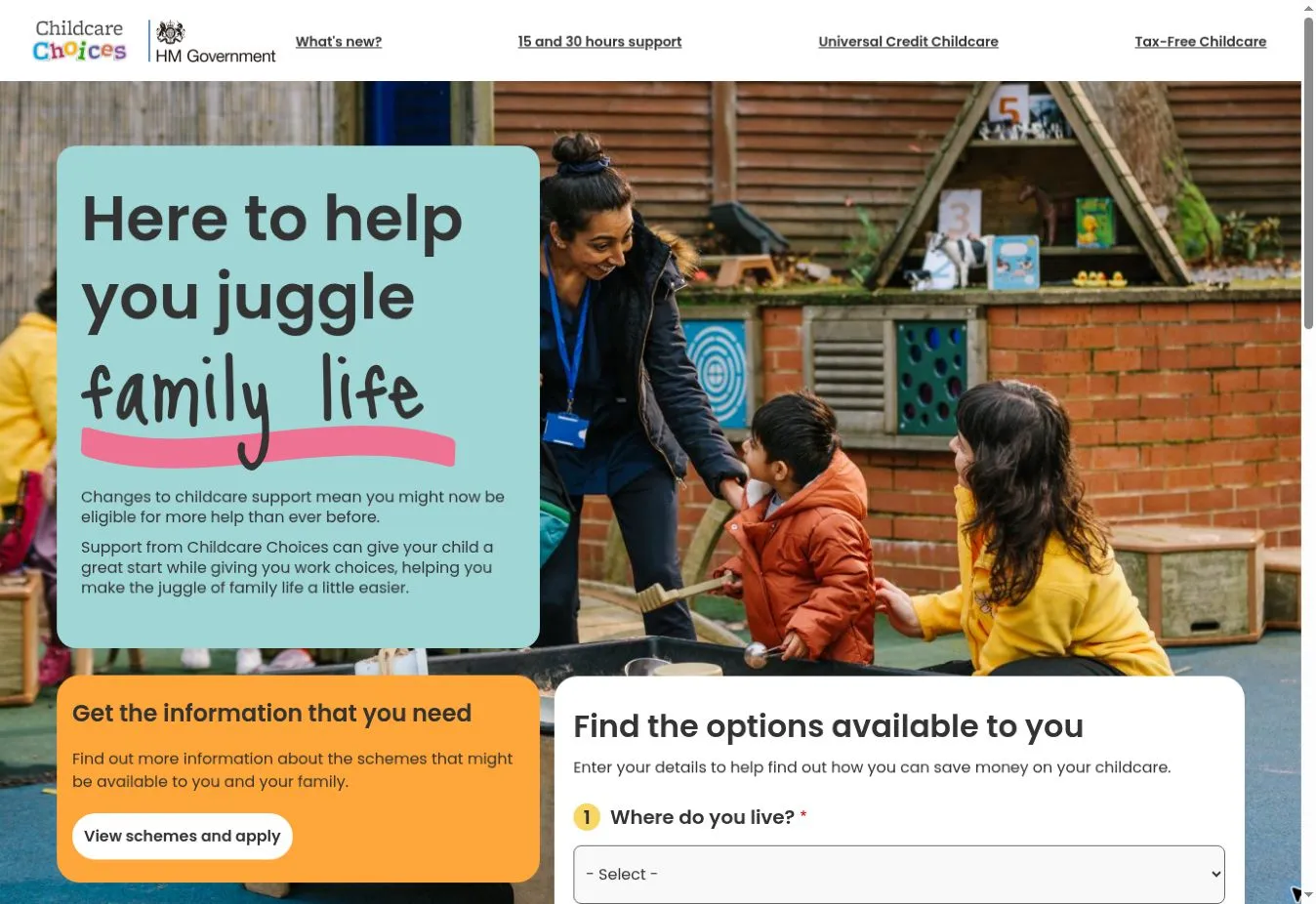 Childcare Choices homepage with campaign photography, family support messaging and the childcare support finder