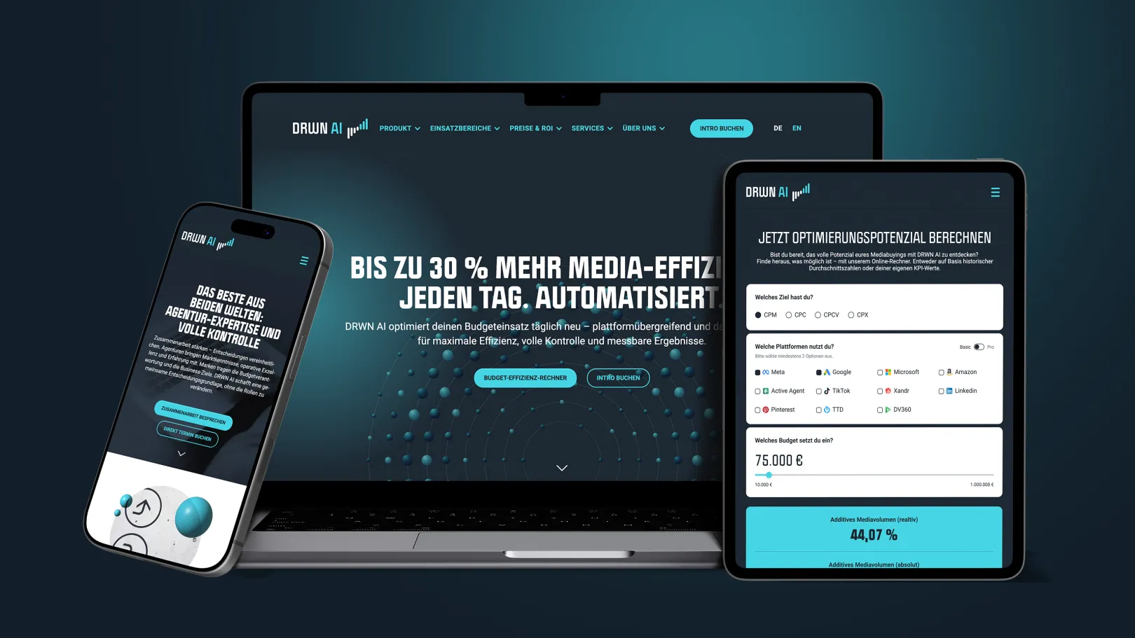 Responsive web design on laptops, tablets, and smartphones with a dark interface