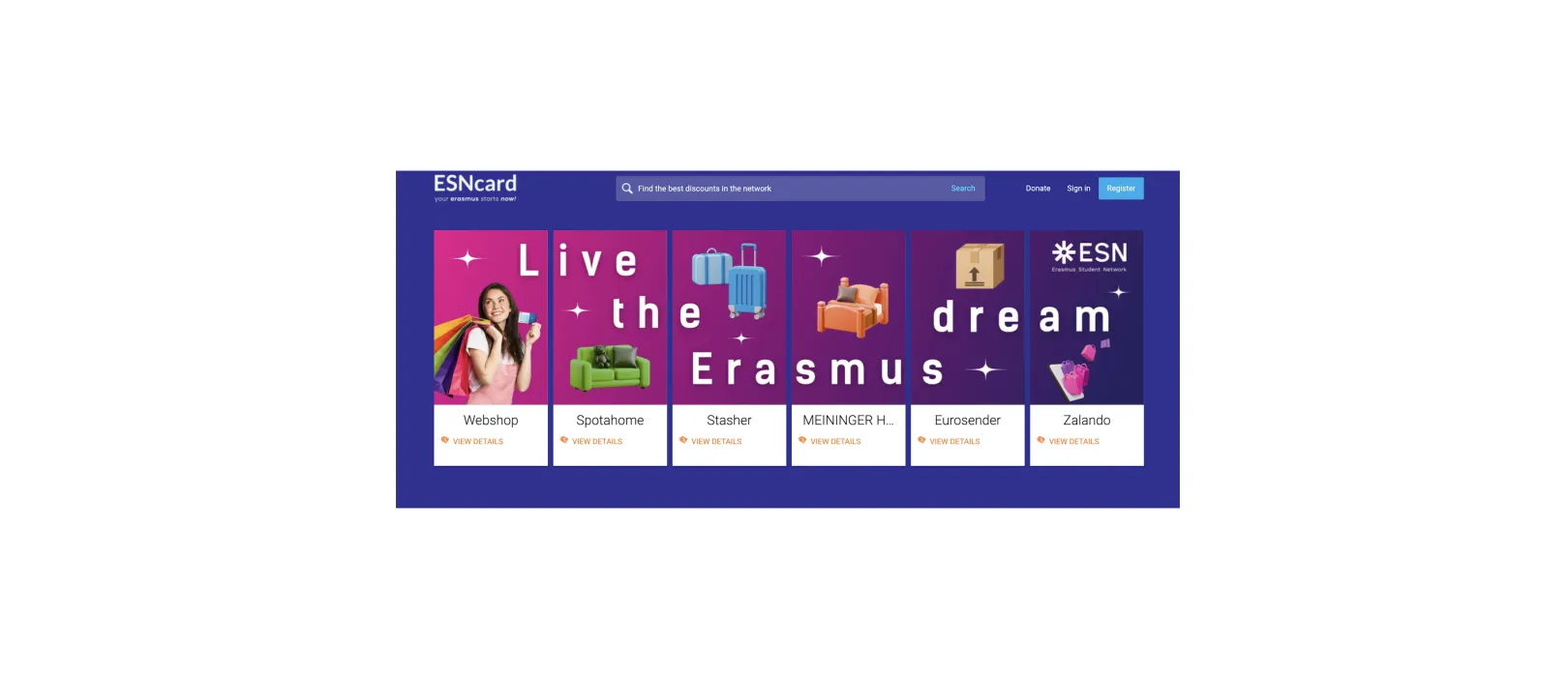 ESNcard.org homepage with the Live the Erasmus dream hero banner, discount search bar, and partner offers from Webshop, Spotahome, Stasher, MEININGER Hotels, Eurosender, and Zalando on the Drupal student portal.