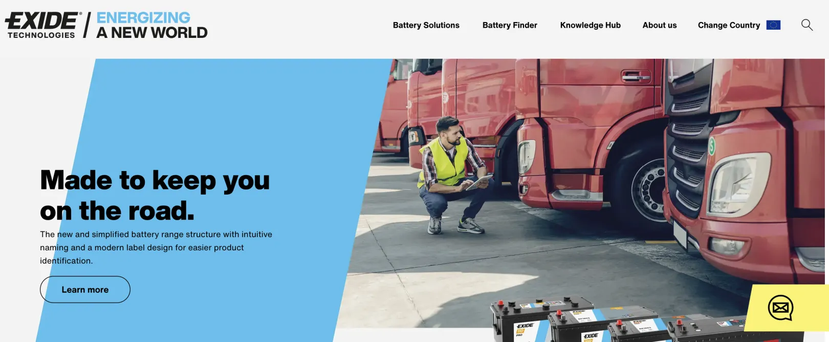 Exide Technologies homepage hero section with truck fleet imagery, simplified battery range messaging, and EMEA country navigation on exidegroup.com.