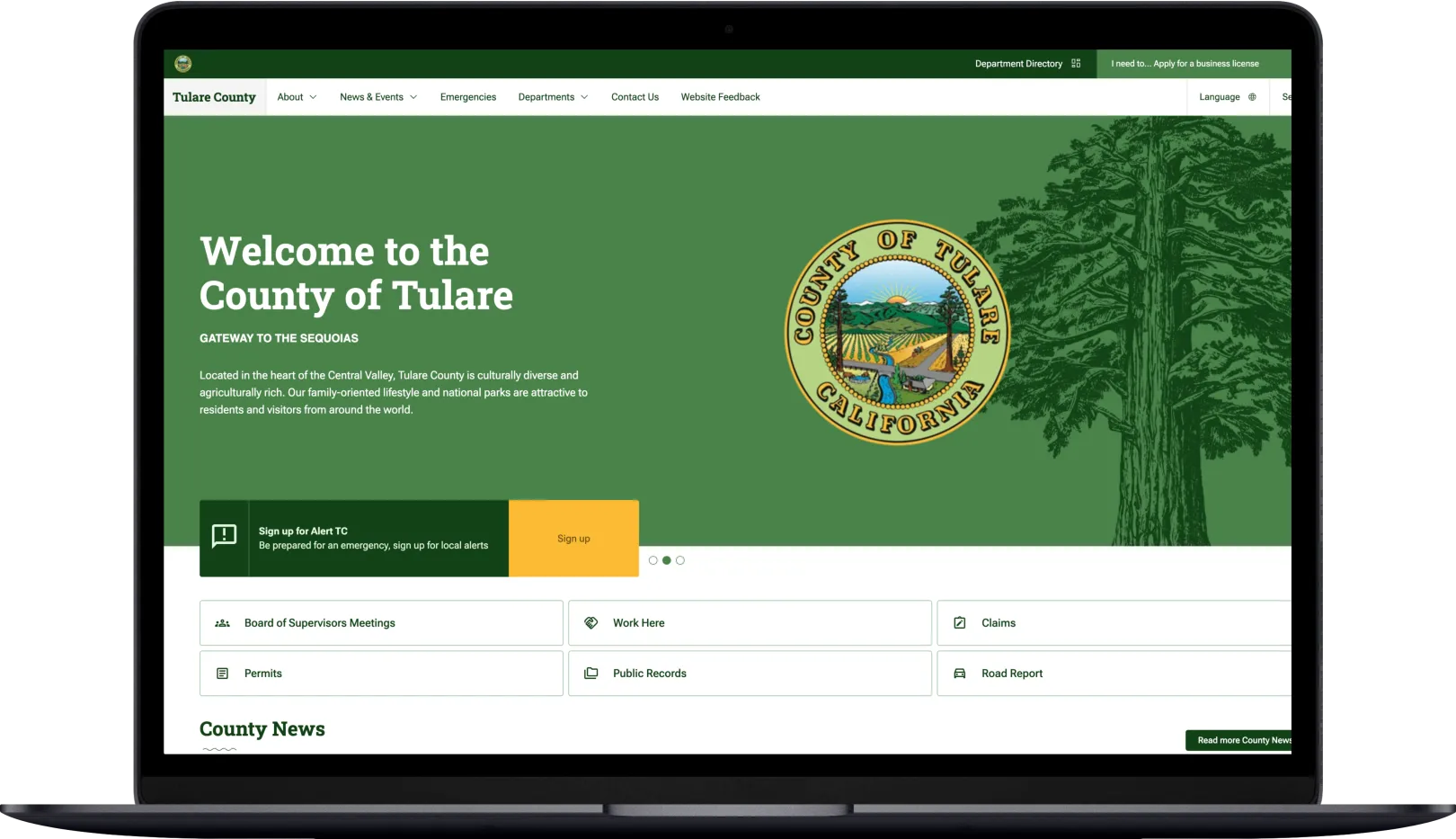 Tulare County homepage on a laptop screen.