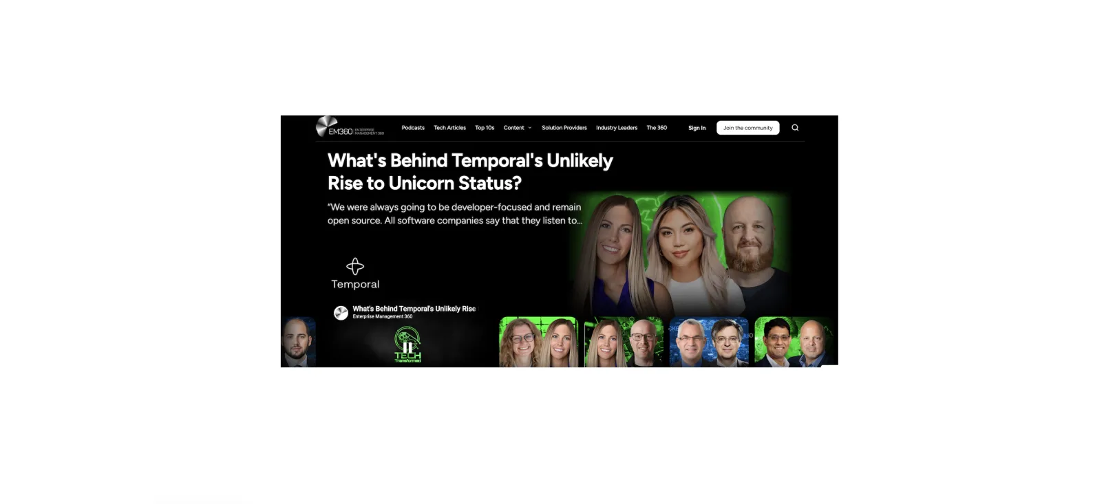 EM360Tech homepage with featured tech article, podcast carousel, and navigation for articles, industry leaders, and solution providers on the Drupal content platform.