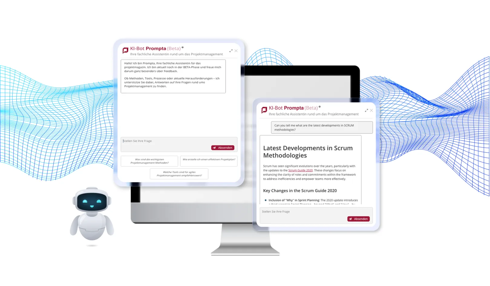AI chatbot on ProjektMagazin.de showing a project management conversation with sourced answers about Scrum methodologies.